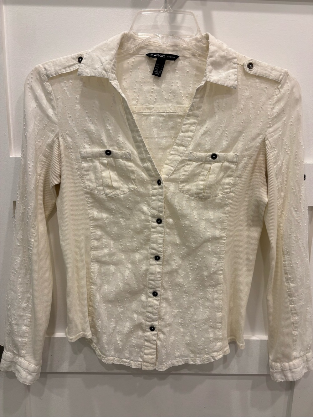 Mango Cream-White Textured Button-Down Shirt